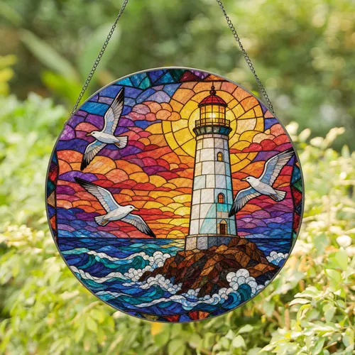Stained Glass Lighthouse With Ocean Waves Coastal Home Decor Gift For Beach Lovers Stained Glass Suncatcher