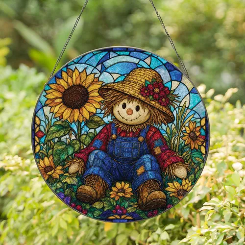 Rustic Scarecrow And Sunflower Stained Glass Farmhouse Window Decor For Autumn Gift Giving Stained Glass Suncatcher
