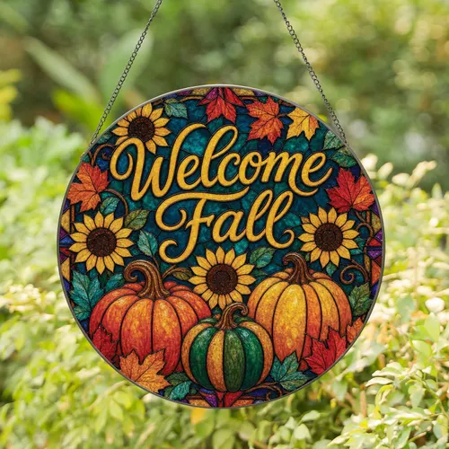 Welcome Fall Pumpkins And Sunflowers Stained Glass Thanksgiving Home Window Decor Stained Glass Suncatcher
