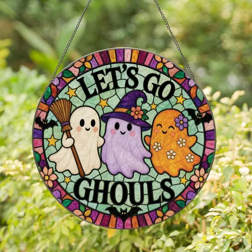 Cute Ghost Trio Let's Go Ghouls Halloween Window Decor for Witchy Kitchen and Home Stained Glass Suncatcher