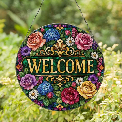 Floral Welcome Stained Glass Garden Wreath For Entryway Decor And Housewarming Gifts Stained Glass Suncatcher