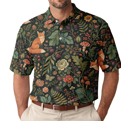 Woodland Fox Botanical Floral Naturewear For Autumn Travel And Everyday Outdoor Style Men's Polo Shirt