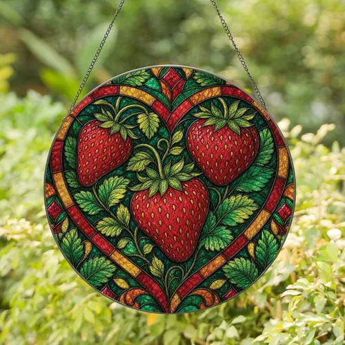 Strawberry Stained Glass Heart Window Decor for Cozy Kitchens and Garden Lovers Stained Glass Suncatcher