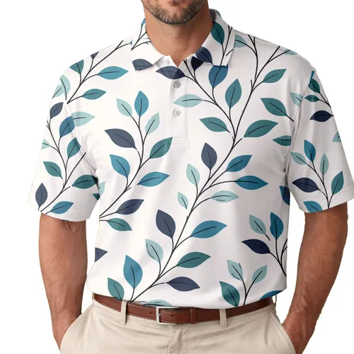 Teal Botanical Leaf Branches For Autumn Travel And Everyday Wear Men's Polo Shirt