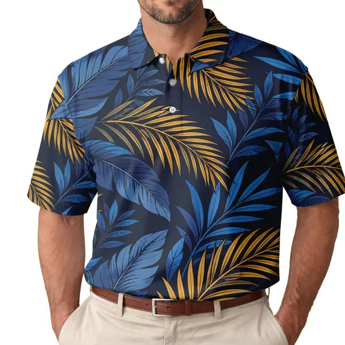 Navy Tropical Palm Leaves for Resort Travel and Elevated Summer Casual Wear for Men Men's Polo Shirt