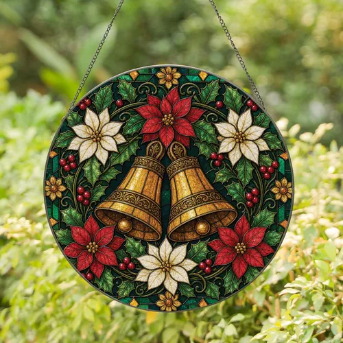 Stained Glass Christmas Bells And Poinsettia Window Decor For Holiday Home Gifts Stained Glass Suncatcher