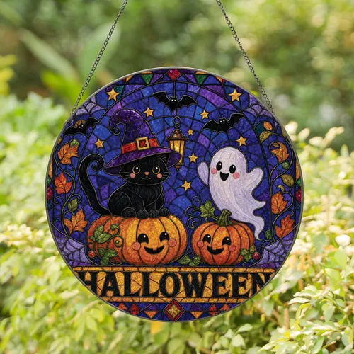Halloween Witch Cat And Ghost Pumpkins For Cozy Spooky Home Decor And Fall Party Lovers Stained Glass Suncatcher