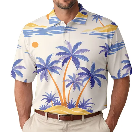 Retro Tropical Palm Coast With Blue Waves For Resort Travel And Summer Beach Days Men Men's Polo Shirt