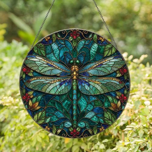 Stained Glass Dragonfly Botanical Mosaic Window Hanging For Garden And Home Lovers Stained Glass Suncatcher