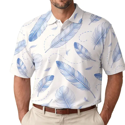 Misty Blue Feather Botanical Motif for Everyday Casual Travel Wear for Men and Women Men's Polo Shirt