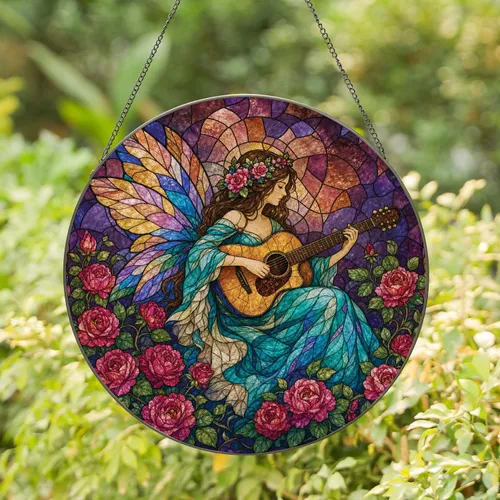Stained Glass Fairy Guitarist With Roses For Boho Garden Decor And Music Lover Gifts Stained Glass Suncatcher