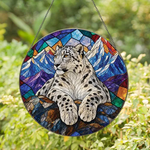 Snow Leopard Stained Glass Mountain Window Decor For Alpine Lodge And Wildlife Lovers Stained Glass Suncatcher