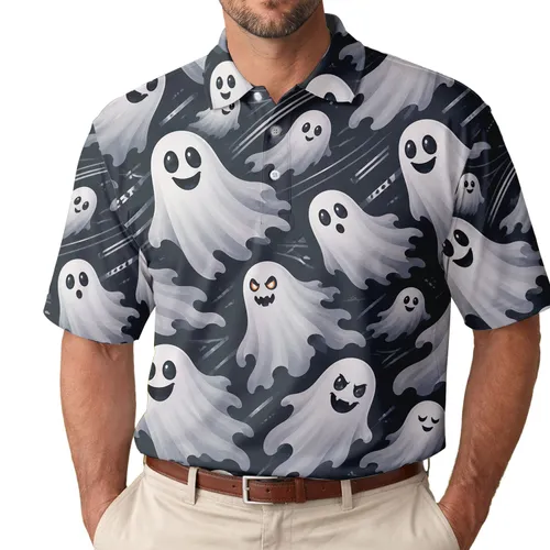 Mischievous Smiling Ghost Crowd for Halloween Parties and Everyday Streetwear Fans Men's Polo Shirt