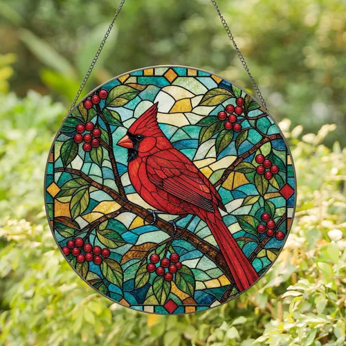 Cardinal Stained Glass Window Decor for Christmas Bird Lover Gifts Stained Glass Suncatcher