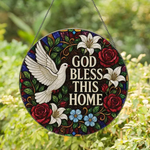 White Dove God Bless This Home Stained Glass Christian Housewarming Gift for Families Stained Glass Suncatcher