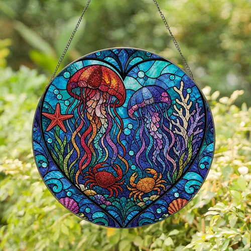 Stained Glass Jellyfish Heart With Crabs For Coastal Ocean Lover Window Decor Gift Stained Glass Suncatcher