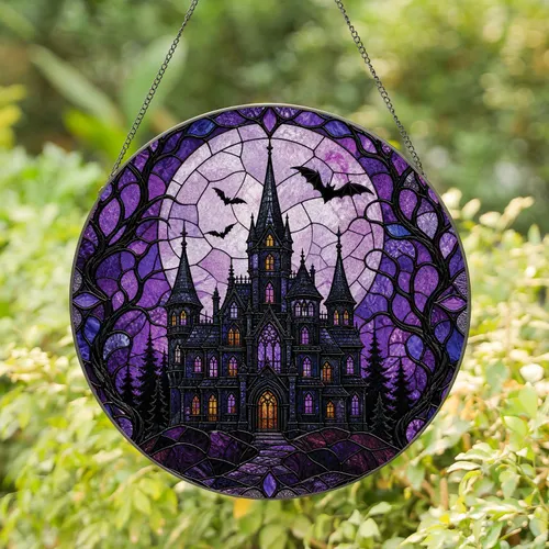 Gothic Haunted Castle Stained Glass Halloween Window Decor for Witchy Gothic Home Decor Stained Glass Suncatcher