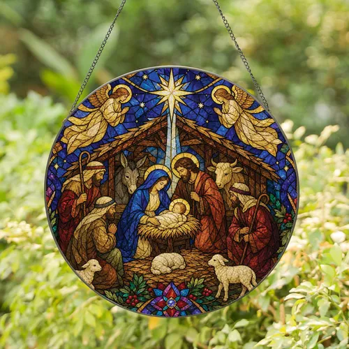 Stained Glass Nativity Holy Family Scene for Christmas Home Decor and Church Displays Stained Glass Suncatcher