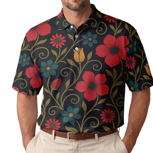 Scarlet Floral Garden Motif For Resort Vacations And Casual Summer Wear Men's Polo Shirt