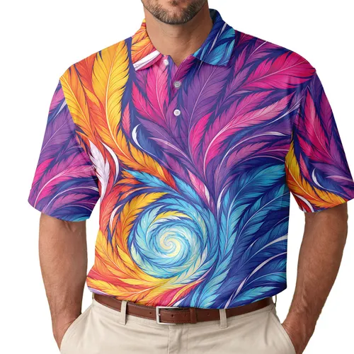 Colorful Feather Vortex With Button-Up Collar for Tropical Vacations and Casual Men's Wear Men's Polo Shirt