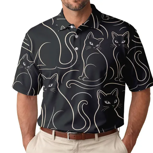 Black Cat Silhouette Motif For Casual Nights, Weekend Travel, And Everyday Cat Lovers Men's Polo Shirt