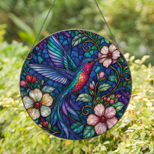 Tiffany Style Stained Glass Hummingbird Floral Window Decor Gift For Bird Garden Lovers Stained Glass Suncatcher