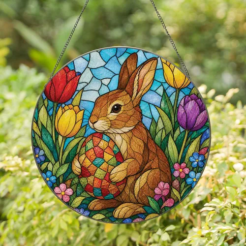 Stained Glass Easter Bunny And Tulips For Spring Window Decor And Garden Gifts Stained Glass Suncatcher