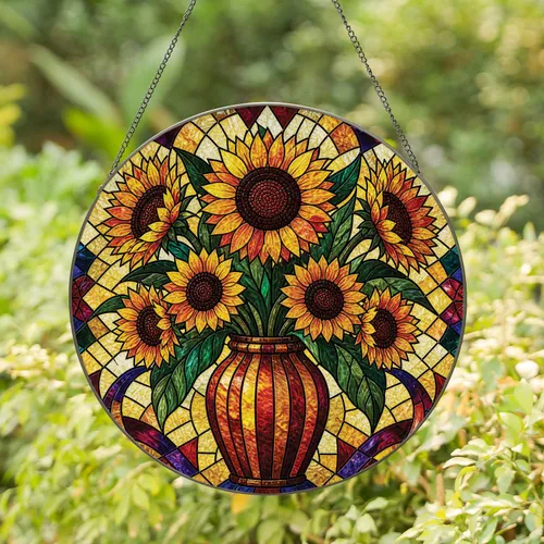 Stained Glass Sunflower Vase Window Decor for Farmhouse Homes and Garden Lovers Stained Glass Suncatcher