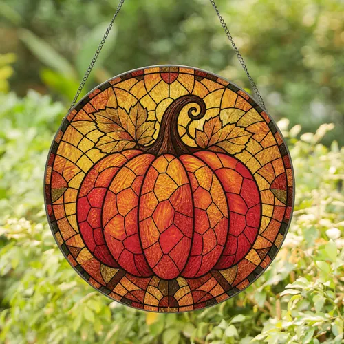 Autumn Pumpkin Stained Glass Window Decor For Thanksgiving Farmhouse Home Display Stained Glass Suncatcher