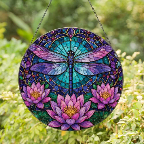 Stained Glass Dragonfly Lotus Decor For Garden Porch And Nature Lovers Stained Glass Suncatcher