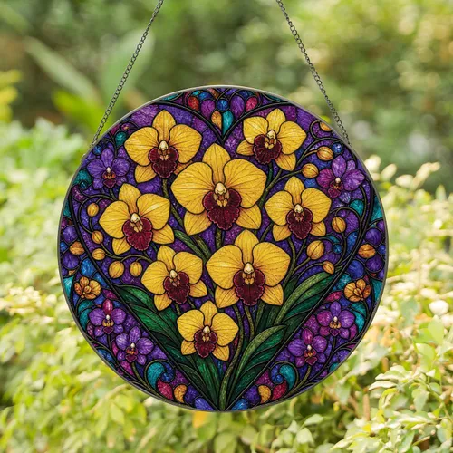 Golden Orchid Heart Stained Glass Window Decor for Botanical Garden Lovers Gifts Stained Glass Suncatcher