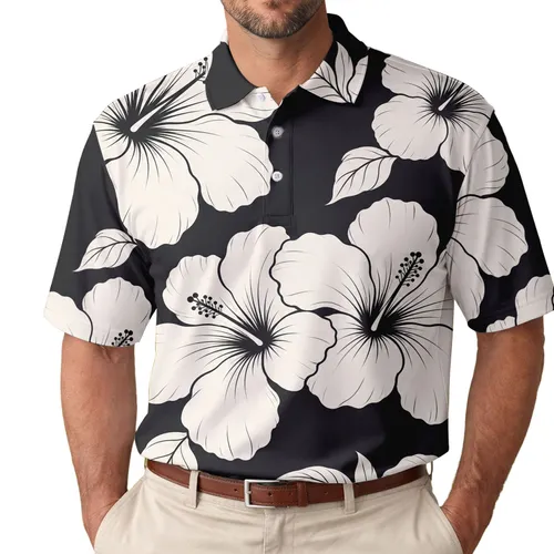 Ivory Hibiscus Floral on Black for Tropical Resort Wear and Beach Travel for Men Men's Polo Shirt