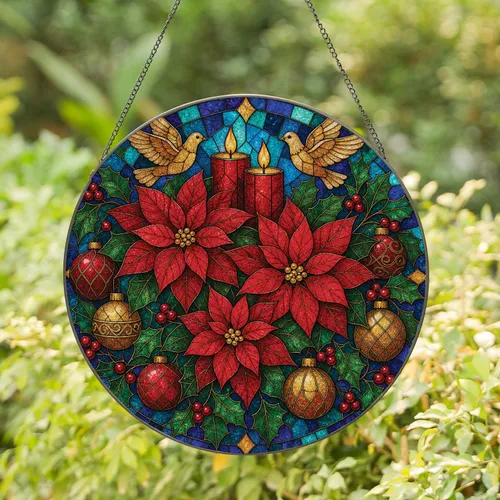 Christmas Poinsettia Candles And Doves Stained Glass Holiday Window Decor Gift Stained Glass Suncatcher