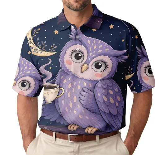 Lavender Night Owl Holding Coffee For Cozy Evening Outfits And Moonlit Coffee Dates Men's Polo Shirt