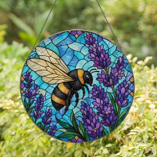 Bumblebee Lavender Stained Glass Window Decor for Garden Lovers and Housewarming Gifts Stained Glass Suncatcher