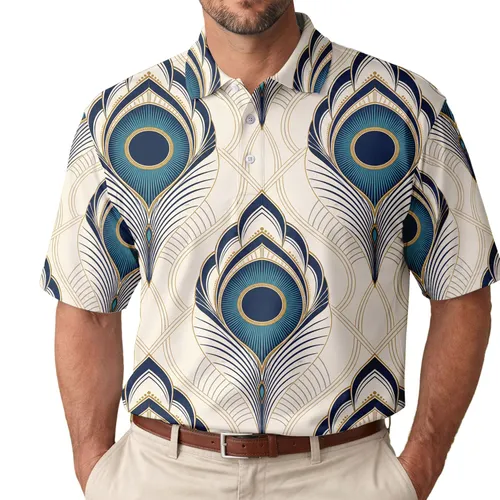 Peacock Feather Art Deco Motifs for Resort Travel, Vacation and Smart Casual Men's Wear Men's Polo Shirt