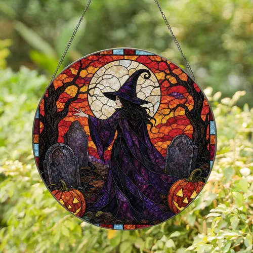 Halloween Witch Graveyard Full Moon Window Decor For Gothic Home Spooky Season Lovers Stained Glass Suncatcher
