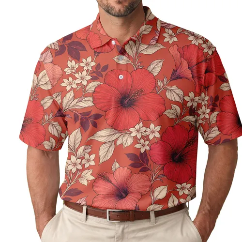 Red Hibiscus Floral Botanical For Resort Vacations, Garden Parties And Coastal Getaways Men's Polo Shirt