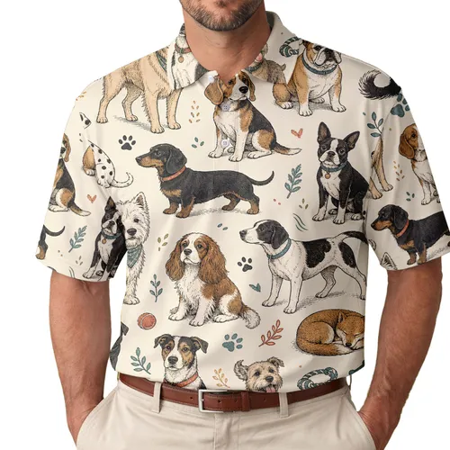 Hand Drawn Companion Dogs for Weekend Walks, Pet Events, and Everyday Dog Lovers Men's Polo Shirt