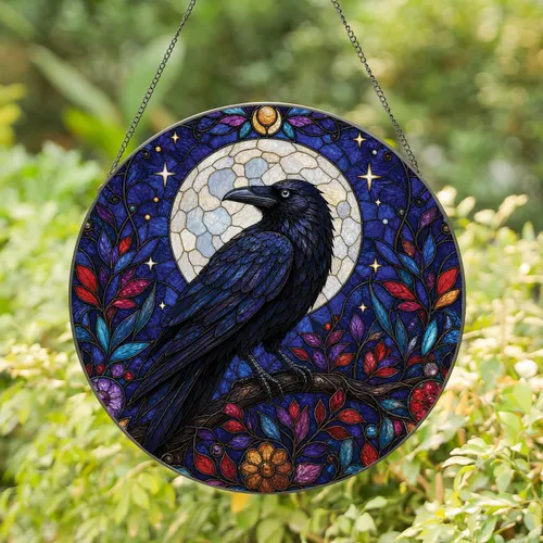Gothic Raven Stained Glass Moon Window Decor for Halloween Home and Witchy Gift Lovers Stained Glass Suncatcher