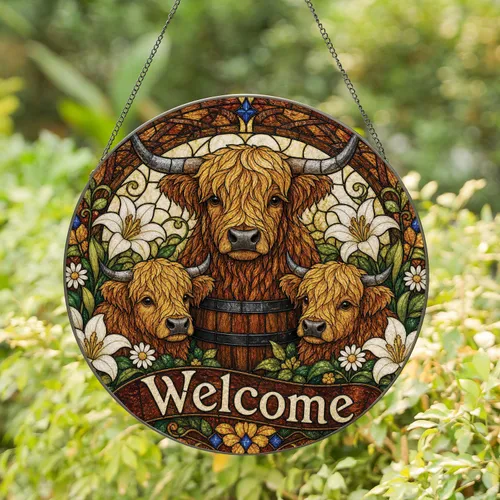 Highland Cow Trio And Lily Welcome Farmhouse Window Decor For Country Home Lovers Gift Stained Glass Suncatcher