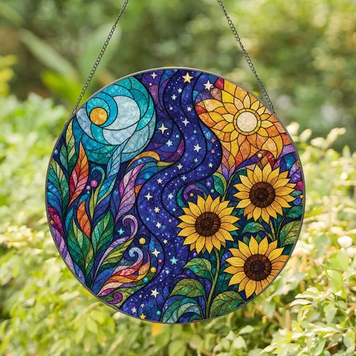 Celestial Garden Stained Glass With Sunflowers For Boho Home Decor And Gift Giving Stained Glass Suncatcher
