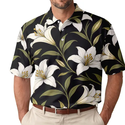 White Lily Floral On Black For Beach Vacations, Resort Wear, Summer Dates And Getaways Men's Polo Shirt