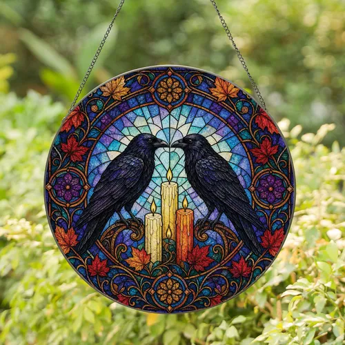 Gothic Raven Stained Glass Candle Scene for Halloween Autumn Decor and Dark Home Lovers Stained Glass Suncatcher