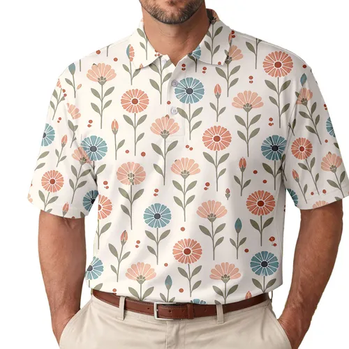 Mid Century Folk Floral Garden Blooms For Spring Travel And Everyday Wear For Women Men's Polo Shirt
