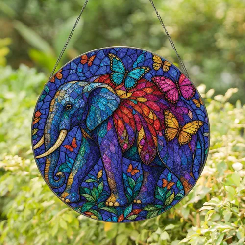 Colorful Stained Glass Elephant With Butterflies For Boho Window Decor And Gift Giving Stained Glass Suncatcher