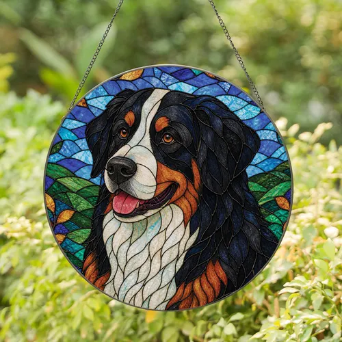 Bernese Mountain Dog Stained Glass Window Decor for Pet Lover Home and Holiday Gifts Stained Glass Suncatcher