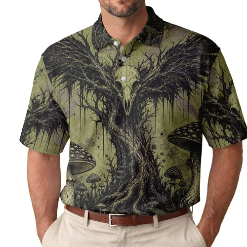 Raven Wing Skull And Toadstool Gothic Forest Streetwear For Alternative Nature Lovers Men's Polo Shirt