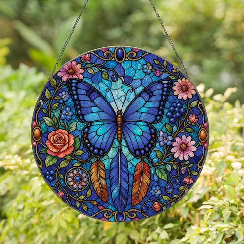 Blue Butterfly Stained Glass Floral Window Decor for Mother's Day Gifts for Women Stained Glass Suncatcher