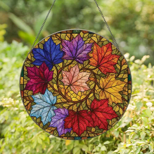 Colorful Stained Glass Maple Leaf Wreath for Fall Home Decor and Thanksgiving Gifts Stained Glass Suncatcher